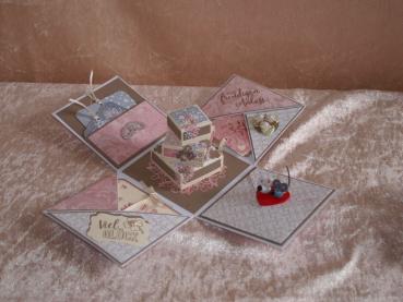 Explosionsbox - Hochzeit - mit Glückwünschen - Geldgeschenk in weiß, Taupe, rosa