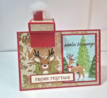 Weihnachtskarte mitt Häuschen als Schornstein - Frohe Festtage oder Merry Christmas