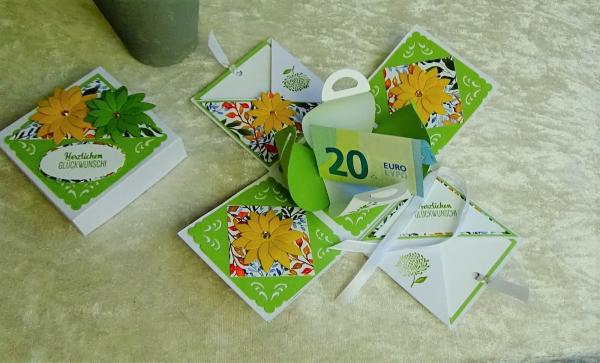 Explosionsbox zum Geburtstag| Geldgeschenk | Zierschachtel | DSP-Motiv Farbe Apfelgrün -weiß