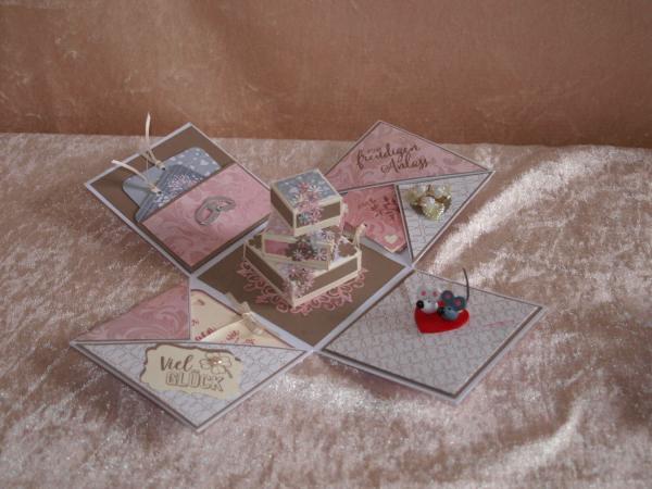 Explosionsbox - Hochzeit - mit Glückwünschen - Geldgeschenk in weiß, Taupe, rosa