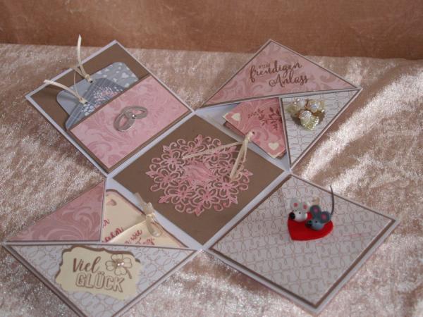 Explosionsbox - Hochzeit - mit Glückwünschen - Geldgeschenk in weiß, Taupe, rosa